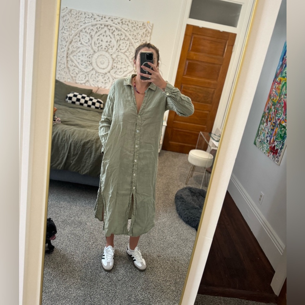 Zara linen green midi dress long sleeves